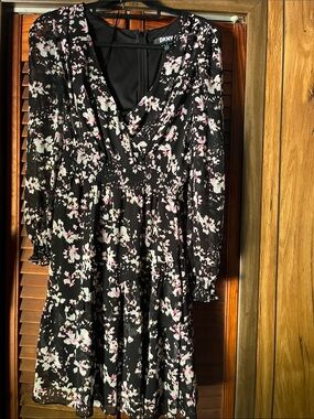 DKNY Black Floral Long-Sleeve Dress